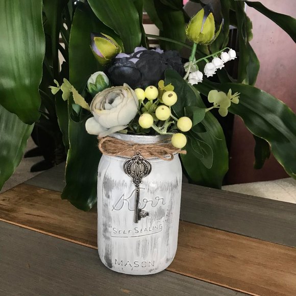 Handmade Black and Gray Floral Arrangement in Metallic Silver and White Kerr Jar - Picture 1 of 7